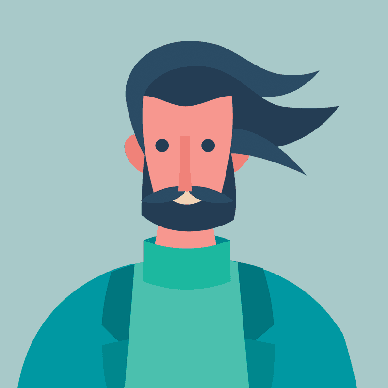 Illustration of a bearded man with long hair, wearing a teal shirt.