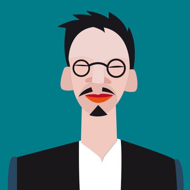 Abstract illustration of a person with glasses, mustache, and goatee against a teal background.