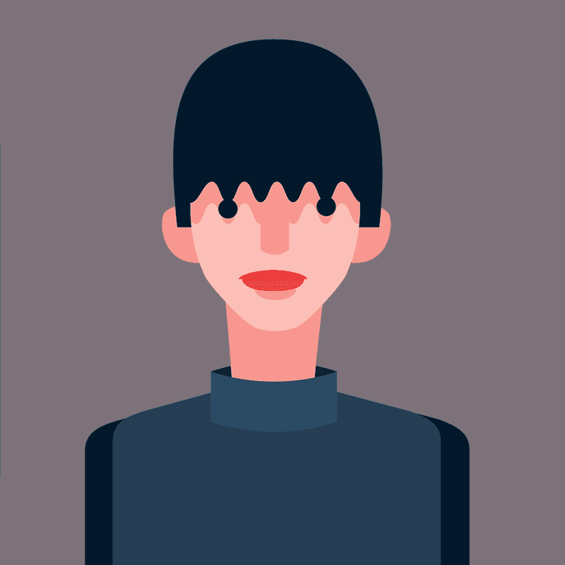 Stylized illustration of a person with dark hair, wearing a dark shirt on a gray background.